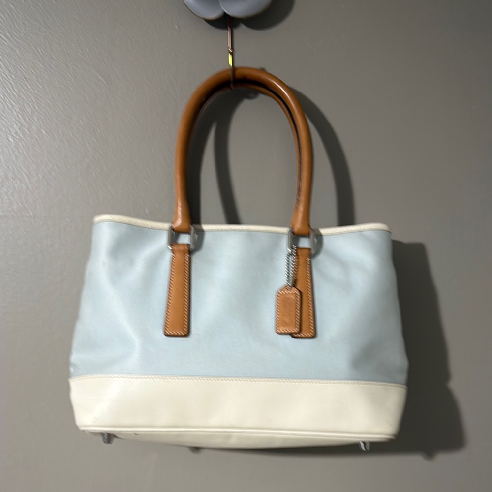 Coach Light Blue, White and Tan Leather Tote